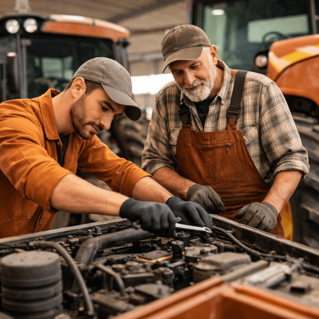 Farm parts and equipment in a repair shop setting